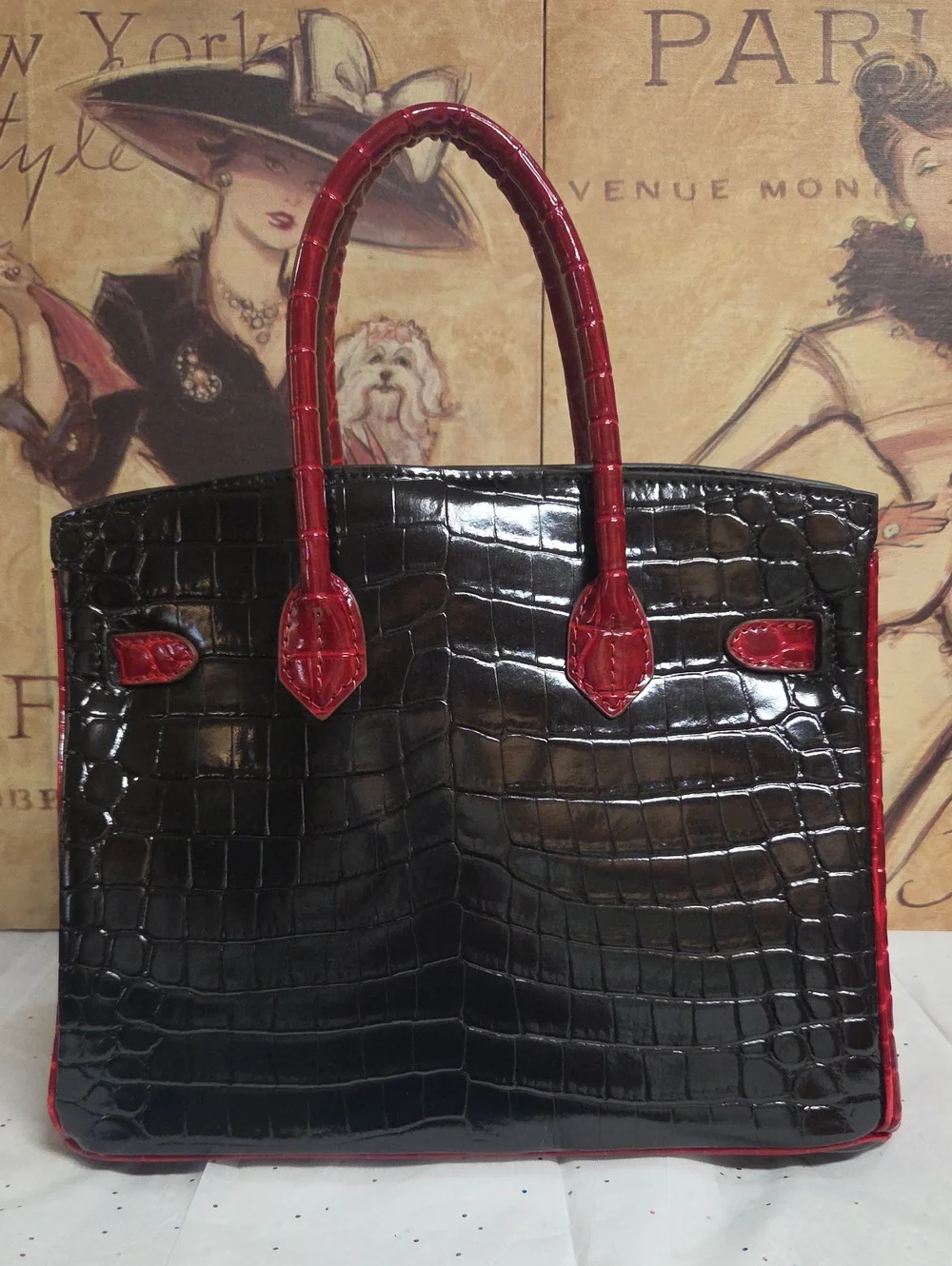 Santo By Paolo De Santo Black Croc-Embossed Tote with Red Trim